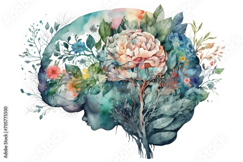 watercolor brain concept art with flowers