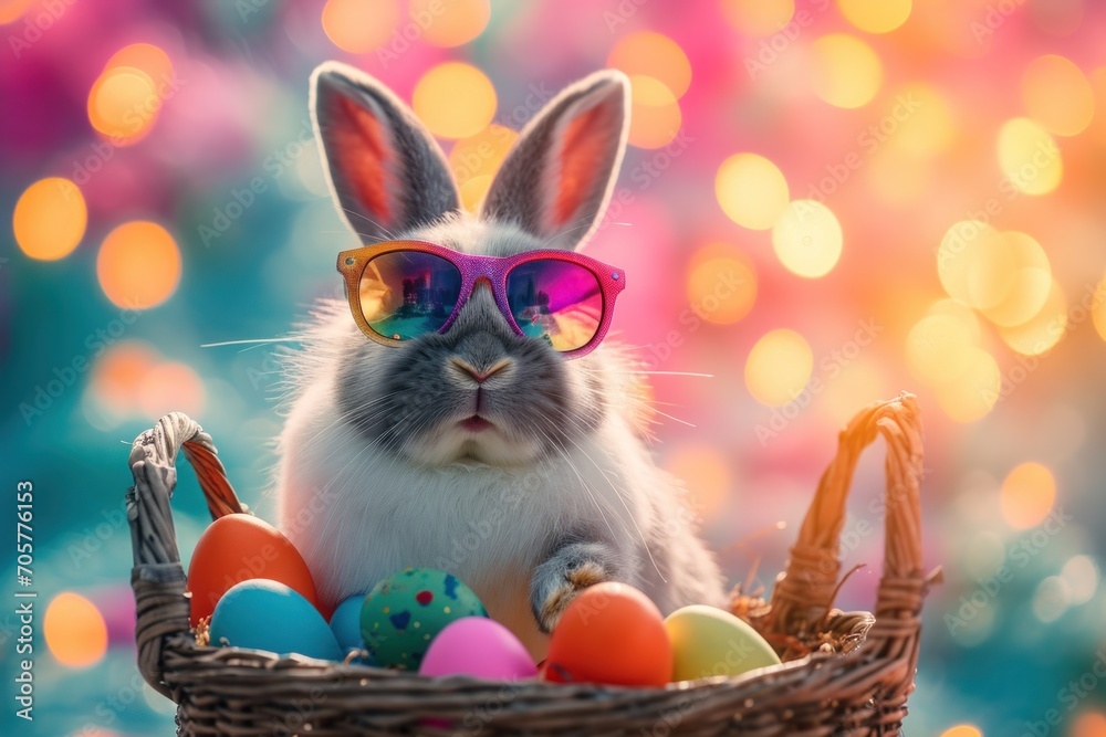 bunny in sunglasses amid an Easter egg sunshine oasis, creating a playful and vibrant atmosphere