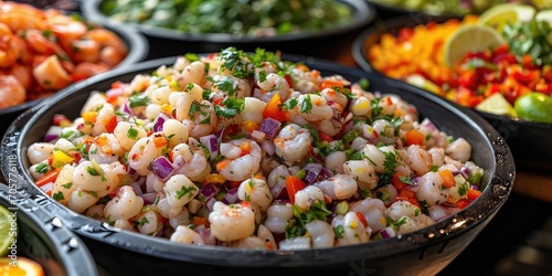 Mixed Ceviche Extravaganza: A seafood feast with a variety of ceviche offerings - Fresh Seafood and Citrus Zest Explosion - Vibrant, energetic lighting capturing the freshness and diversity