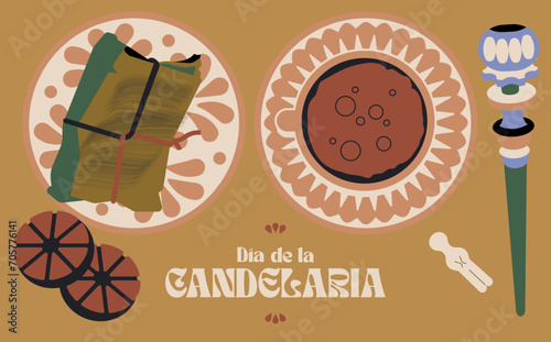 Conjunto de tarjetas postales, póster. Set de garabatos iconos día de la candelaria. Festividad mexicana. 2 de febrero, tamales oaxaqueños, chocolate caliente.