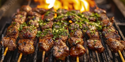 Anticuchos de CorazÃ³n: An outdoor grill scene with grilled beef heart skewers - Grilled Beef Heart Culinary Adventure - Warm, vibrant lighting to convey the outdoor and adventurous nature