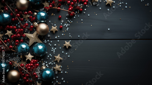 Christmas decorations in silver, raspberry, and blue distributed along the left edge of the image