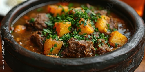 Seco de Cabrito: A dining scene featuring a tender goat stew with herbs and Aji Amarillo - Tender Goat Stew Culinary Bliss - Soft, warm lighting to convey the hearty and aromatic nature photo