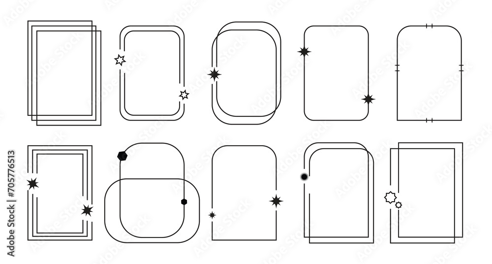 11 Set of Y2K border line frames with stars, labels, stickers, abstract wavy and circle elements. 11 Set of Y2K border line frames with stars, labels, stickers, abstract wavy and circle elements.