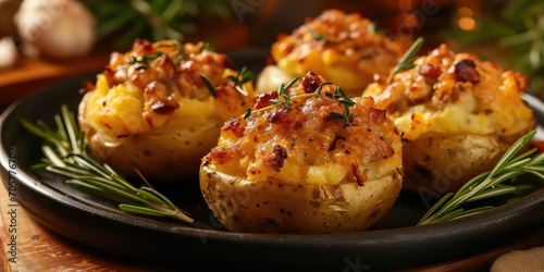 Papa Rellena Revival: Stuffed potatoes with a flavorful twist presented on an elegant platter - Potato Elegance with a Flavorful Twist - Soft, warm lighting emphasizing the golden exterior