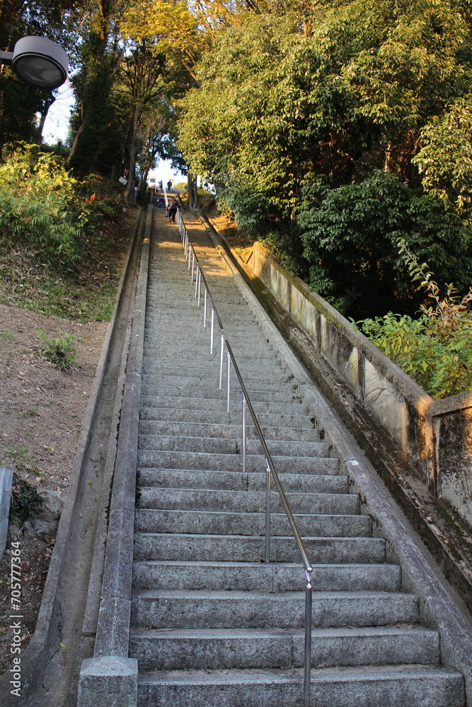 Hundreds of stone stairs at Otokoyama Hill in Himeji, Japan Hundreds of stone stairs at Otokoyama Hill in Himeji, Japan