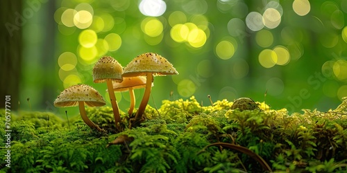 Enchanting forest fungi. Vibrant display of mushrooms in natural habitat surrounded by lush greenery and autumnal hues capturing essence of woodland beauty and organic diversity