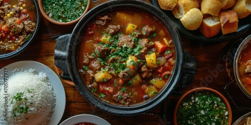Sancochado Extravaganza: A dining table filled with a hearty stew made with aromatic broth and a medley of ingredients - Hearty Stew Symphony - Soft, ambient lighting capturing the warmth