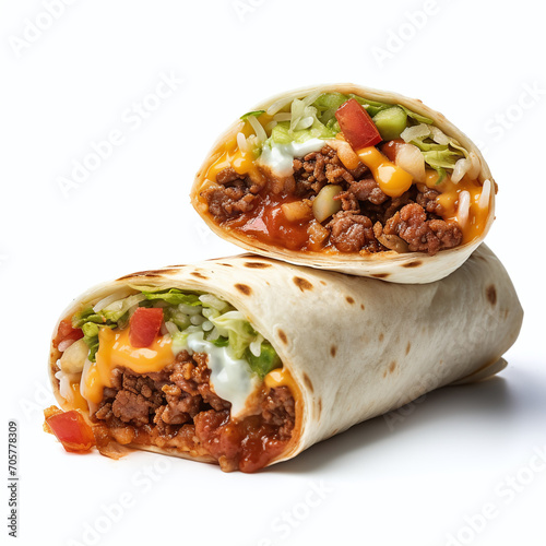 Delicious beef burrito cut in half revealing filling on white background