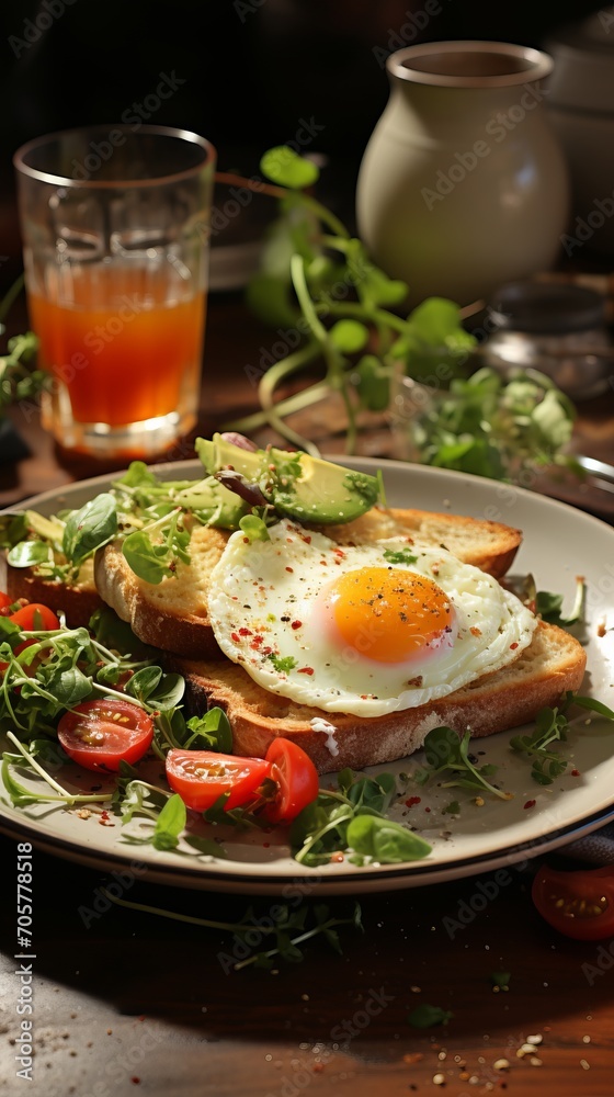 Traditional breakfast with fried eggs, toast and salad on the plate.