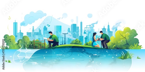 water day and World environment day concept.Environmental engineers inspect water quality at natural water sources and record data on tablet.Man engineer and Woman scientist and environmental issues photo