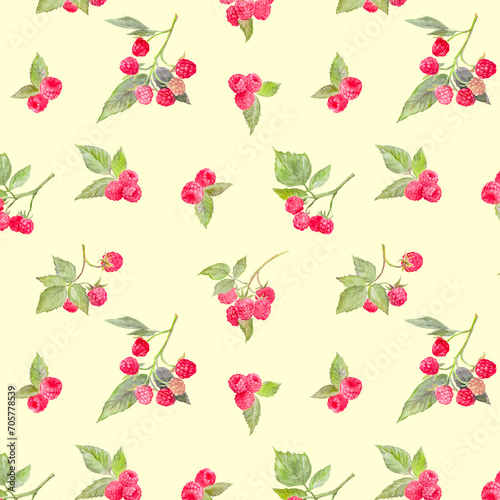 Wallpaper Mural Hand painted watercolor raspberry pattern,  yellow background with berries, fabric pattern, dessert, red berries, watercolor illustration	 Torontodigital.ca