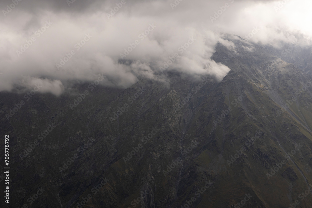 Foggy mountain panoramic landscape in Caucasus mountains of Georgia