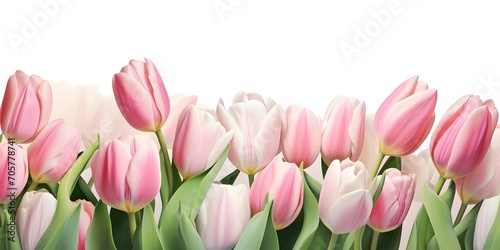 white pink tulip field isolated on white background  close-up from diagonally below  spring concept happy easter