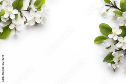  a branch of a tree with white flowers and green leaves on a white background with a place for a text or a picture of a branch of a tree with white flowers.