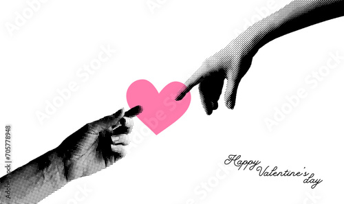 Trendy Halftone Collage Two Hand touching Heart. Social media minimalistic banner template. Happy Valentine and Mother Day. Share love. Contemporary vector illustration art