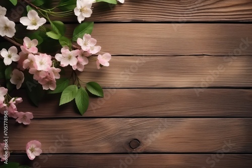  a bunch of pink and white flowers on top of a wooden table with a green leafy plant in the middle of the frame on a dark wood background with a place for text.
