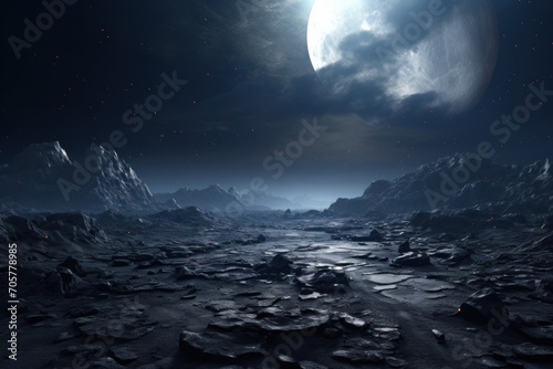  a view of a rocky area with a moon in the sky and a few stars in the sky and some rocks on the ground and one in the foreground.