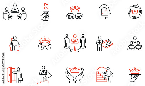 Vector Set of linear icons to career progress  company organization and business succession. Mono line pictograms and infographics design elements - part 4