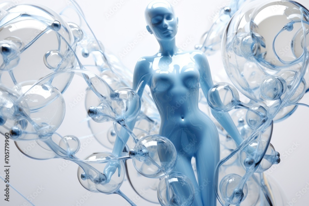 a blue mannequin standing in front of a glass sculpture of bubbles and bubbles in the shape of a woman's body with her arms and legs spread out. a blue mannequin standing in front of a glass sculpture of bubbles and bubbles in the shape of a woman's body with her arms and legs spread out.