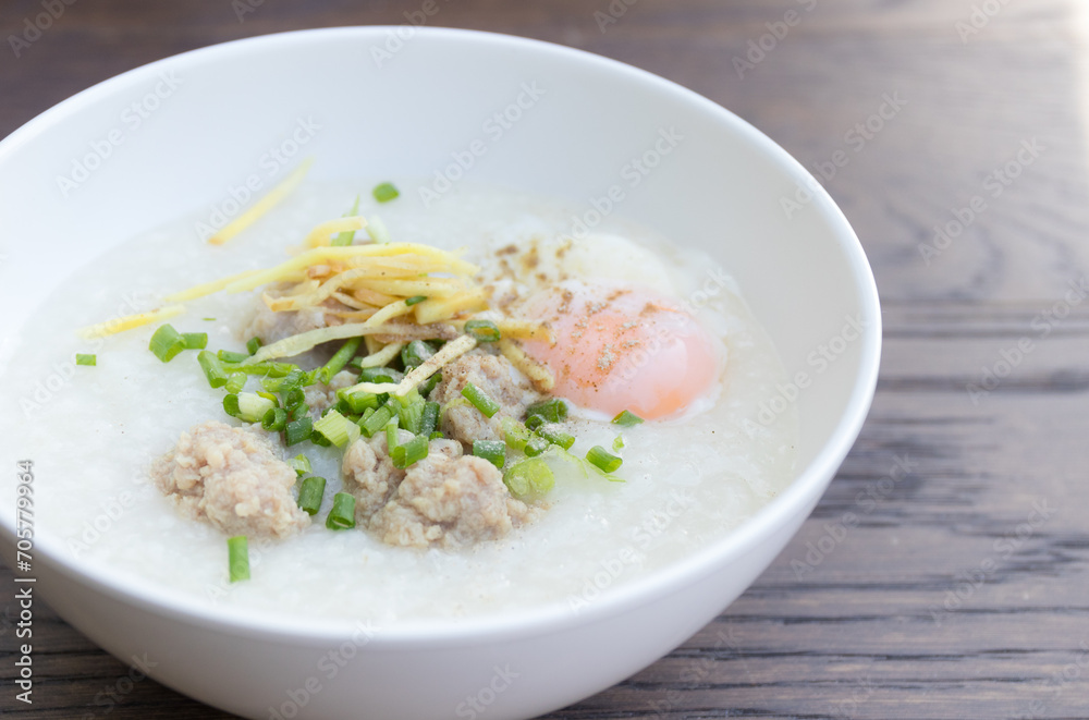 Egg and Pork Congee in Bowl.