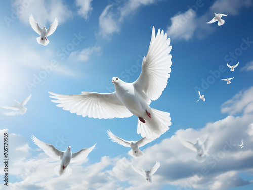 A Flock Of White Doves Flying, A Group Of White Birds In The Sky