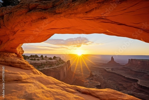  the sun is setting over the canyon as seen through a window in a rock formation at the edge of a cliff with a view of a valley and a canyon below. © Nadia