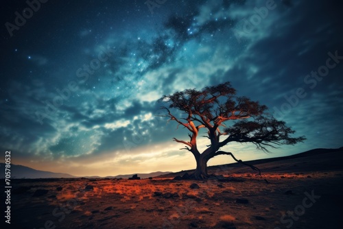  a lone tree sitting in the middle of a desert under a night sky filled with stars and a star filled sky with a few clouds and a few stars in the distance.