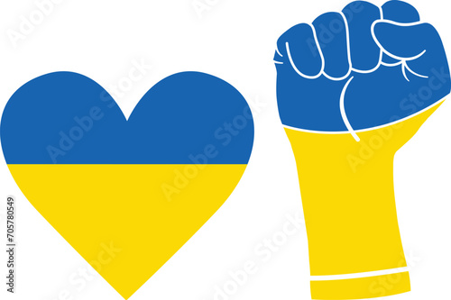 Heart and Raised Hand with Clenched Fist in Blue and Yellow Flowers. Protest sign. Solidarity and Support for Ukraine. Vector illustration