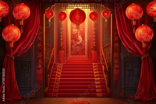 Chinese illustration. Stairs in asian new year or spring entry realistic greeting poster, red lanterns, curtains traditional festive china lunar calendar