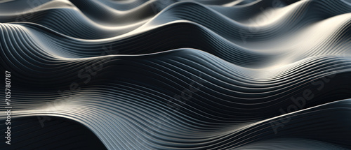 Futuristic black background with 3D geometric patterns and wavy lines.