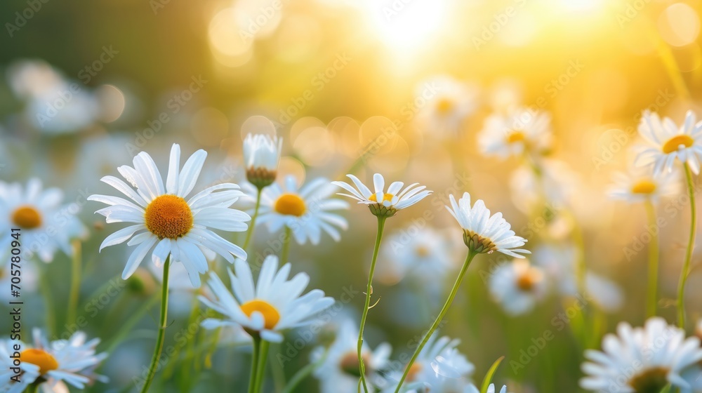 Beautiful chamomile flowers in meadow. Spring or summer nature scene with blooming daisy in morning