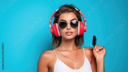 Summer fashion portrait of young woman in headphones listening to music