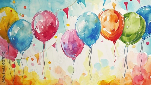 Vibrant Birthday Bliss: A Whimsical Watercolor Scene with Balloons, Cake, and Nature Magic. photo