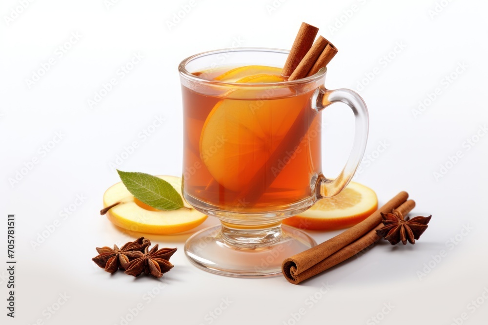 a cup of tea with cinnamon, anisette, and anisette on a white background with cinnamon sticks and anisette on the side of the cup. a cup of tea with cinnamon, anisette, and anisette on a white background with cinnamon sticks and anisette on the side of the cup.