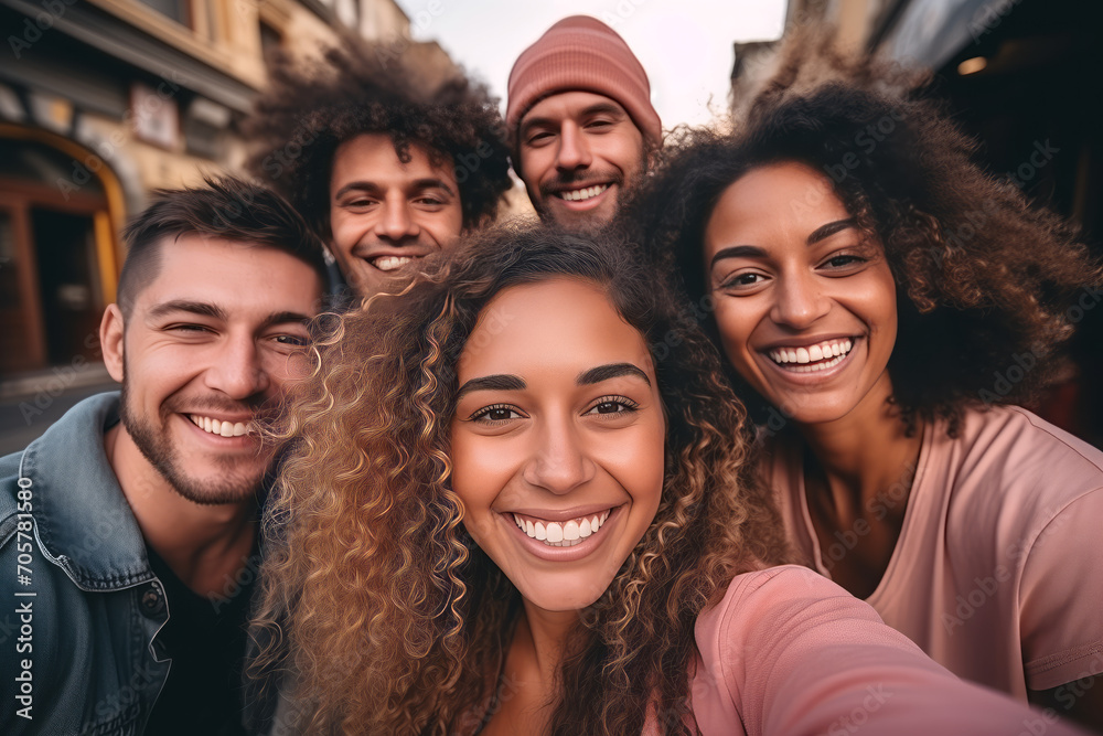 Fototapeta premium Multiracial group of young friends taking selfie with smartphone camera