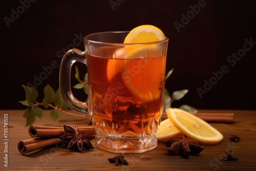 a cup of tea with a slice of lemon and cinnamon on a wooden table next to cinnamon sticks and anisette on a wooden table with leaves and a dark background.