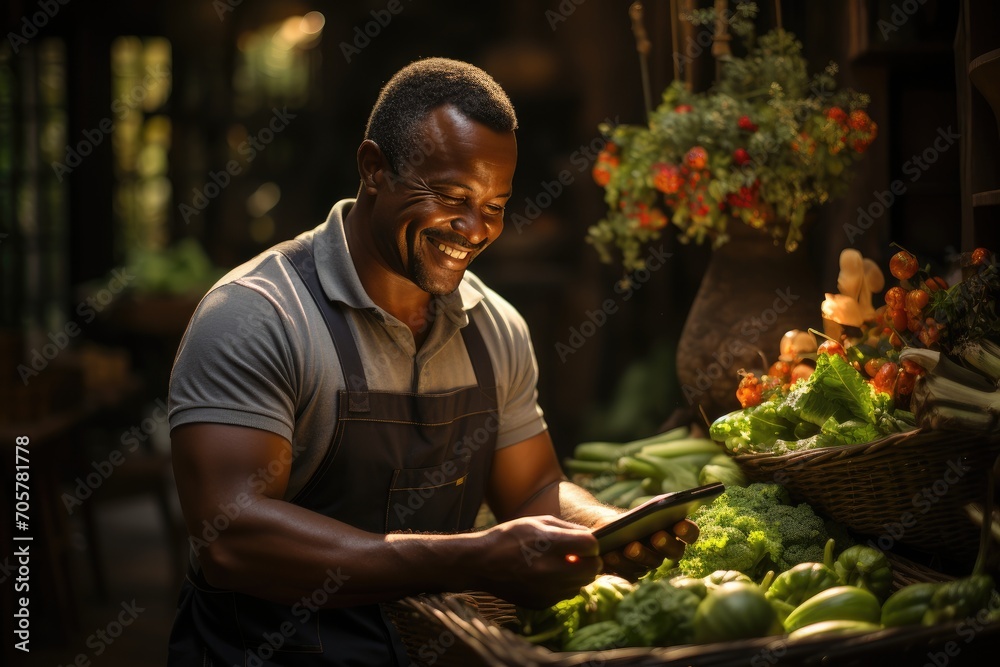 A cheerful African American farmer immersed in the digital age, managing his farm seamlessly with a smartphone A cheerful African American farmer immersed in the digital age, managing his farm seamlessly with a smartphone