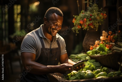 A cheerful African American farmer immersed in the digital age, managing his farm seamlessly with a smartphone