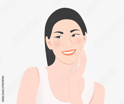 Beautiful young woman with clean, clear facial skin. Health care concept vector illustration.