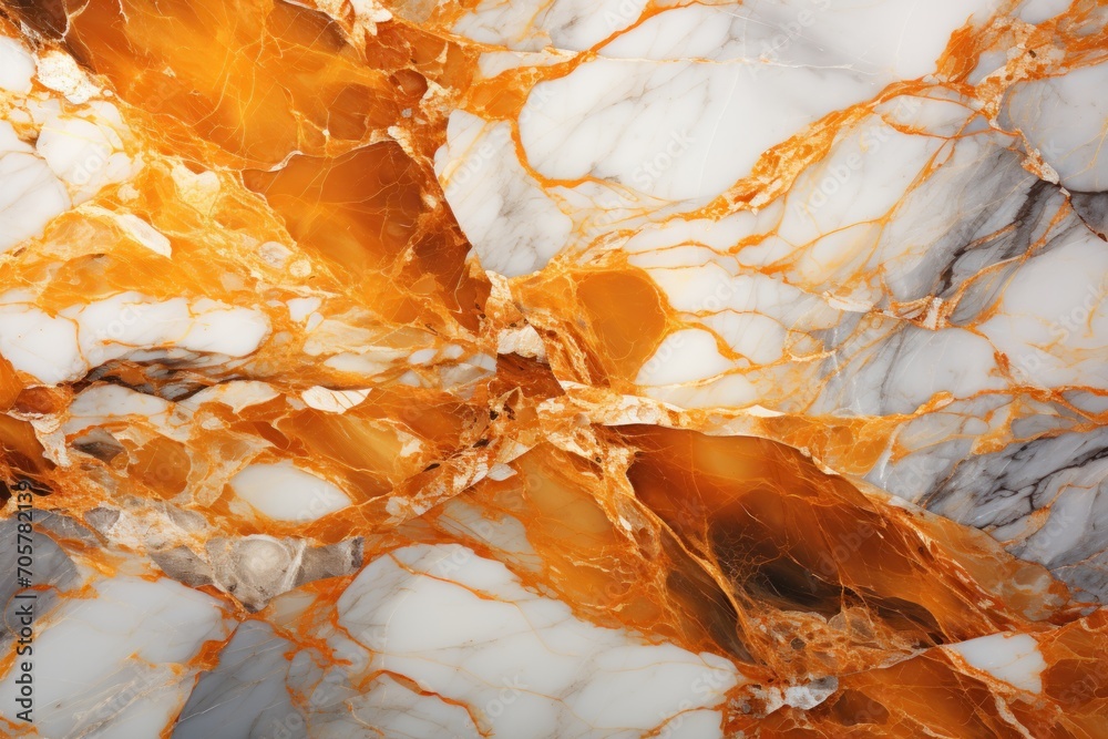  a close up of a marble surface that looks like it has been painted orange and white with a gold vein on the top of the surface and bottom of the marble.