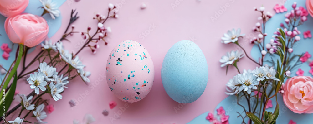 Two pastel pink and blue Easter eggs on a pink and blue background with flowers, with space for text Two pastel pink and blue Easter eggs on a pink and blue background with flowers, with space for text