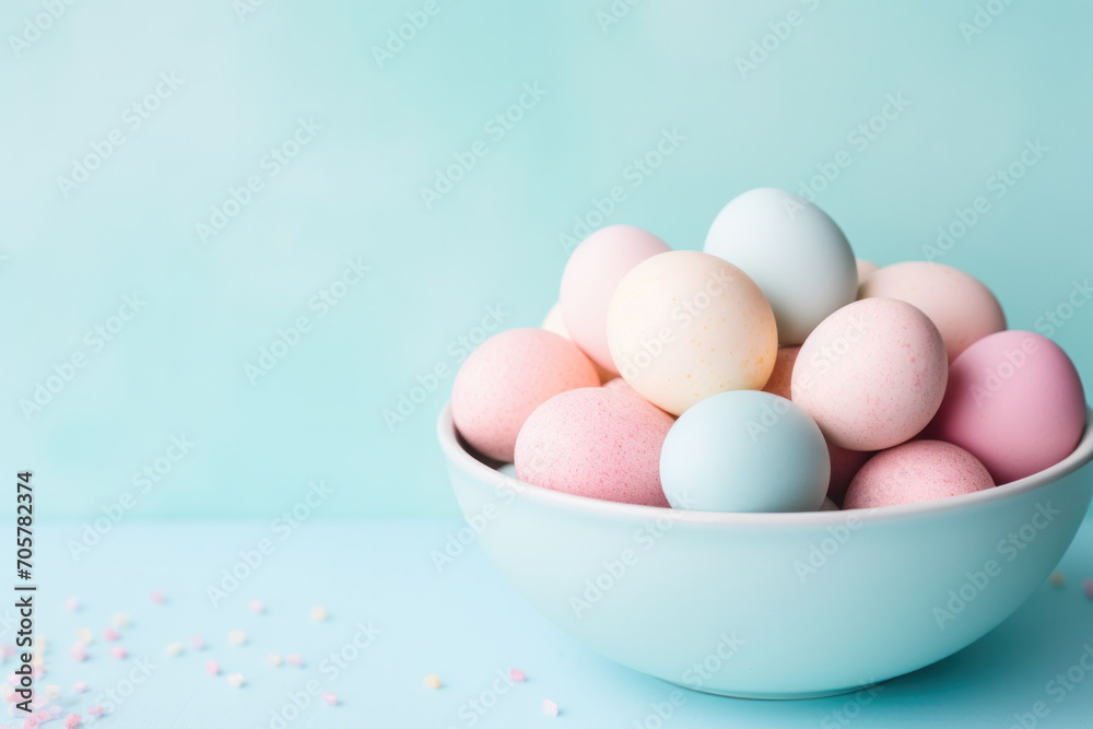 Easter eggs in pastel colors, in a blue bowl on a blue background, with space for text