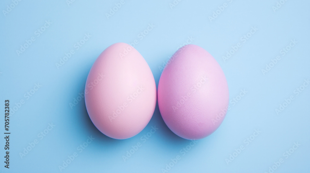 Two Easter pastel pink eggs on a blue background, with space for text