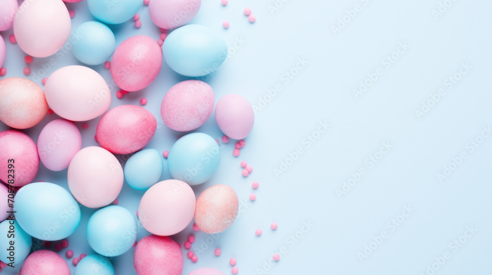 Multi-colored Easter eggs in pastel colors, half frame pattern with space for text