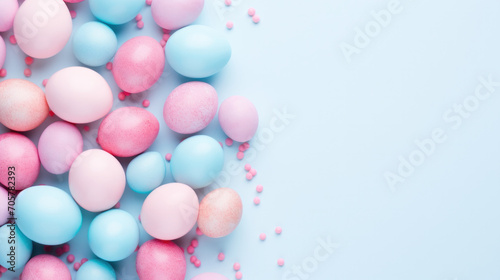 Multi-colored Easter eggs in pastel colors, half frame pattern with space for text
