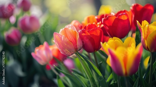 Tulip flowers bloom in spring  displaying beautiful colors and radiating freshness. 