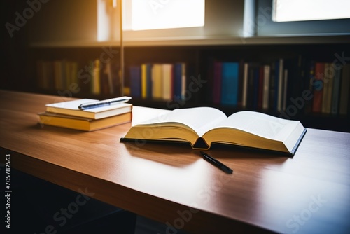 Books on the table in library. Education concept. Back to school. photo