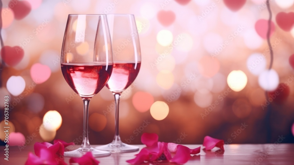 Pair of crystal glasses with legs on a bright background with sequins. Festive background with champagne glasses.