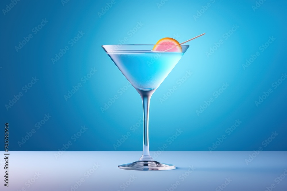  a blue drink with a slice of orange on the rim and a straw sticking out of the top of the glass, on a blue background with a blue backdrop.